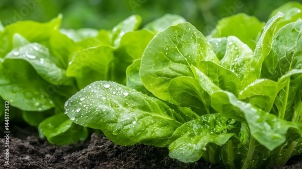 Fototapeta Close-Up of Fresh Green Lettuce Leaves Glistening with Water Droplets in a Garden Setting