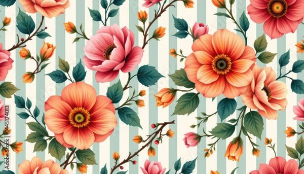 Fototapeta Colorful floral pattern with large blooming flowers and green leaves on a striped background.