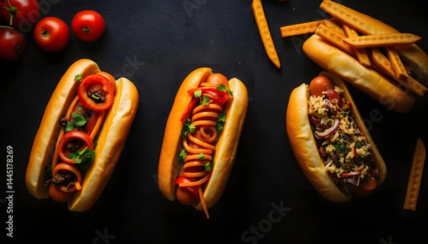 Fototapeta Hot dogs with different toppings on a dark background. Food background. fast food and junk food concept, Street food, silhouette. with white shades