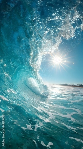 Fototapeta A stunning vertical shot captures the inside of a clear blue ocean wave as it s, with the bright sun shining over the distant beach, creating a beautiful scene.