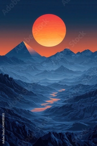 Obraz Minimalist vector illustration of a pyramid at sunset in blue scenery