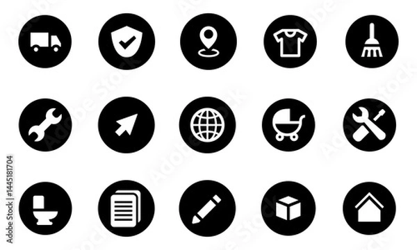 Fototapeta Essential Service and Utility Icon Set – Solid Black Circular Symbols