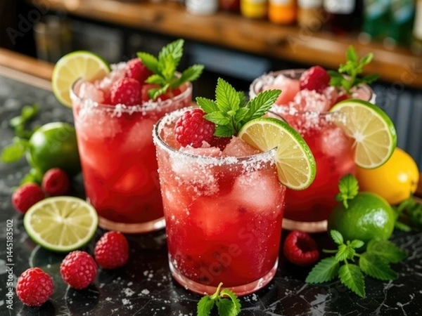 Fototapeta Refreshing Frozen Raspberry Margaritas on a Bar Counter