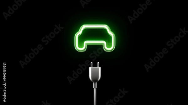 Obraz Minimalistic image showing a glowing green car icon above an electric plug, symbolizing eco-friendly electric vehicle technology and charging.
