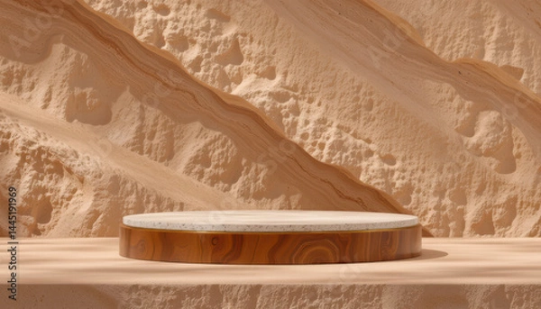 Fototapeta Minimalist podium with a wood and stone texture stands before a sandy, textured background with natural, wavy patterns.