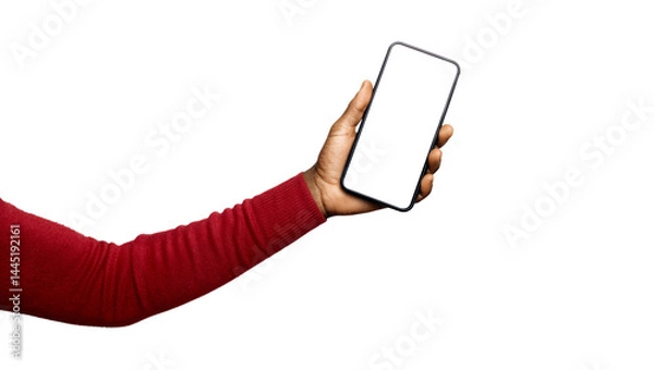 Obraz Outstretched Black African hand in red long sleeves body con sweater holding mobile phone with blank yellow screen isolated on transparent background. Lift raise showing front view