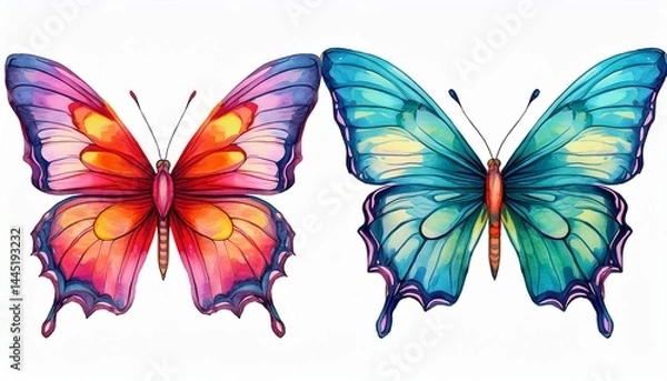 Fototapeta Set of tropical bright butterflies isolated on white background. Watercolor hand drawn illu