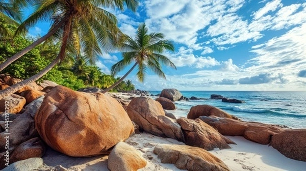 Obraz Tropical beach with palm trees and rocks