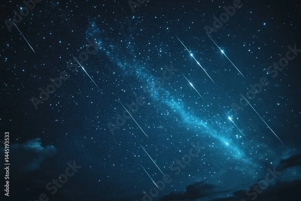 Fototapeta Night sky display features dramatic meteor shower over tranquil landscape