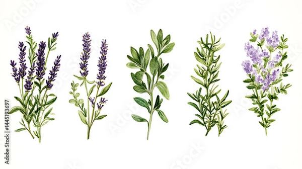 Fototapeta Botanical herb illustrations evoke sense of nature calm beauty, displaying colorful array of herbs on clean white backdrop