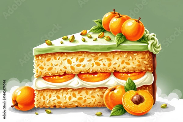 Fototapeta A slice of cake with cream, pistachios, and fresh apricots, decorated with green icing and whole apricots on top, sits against a green background.