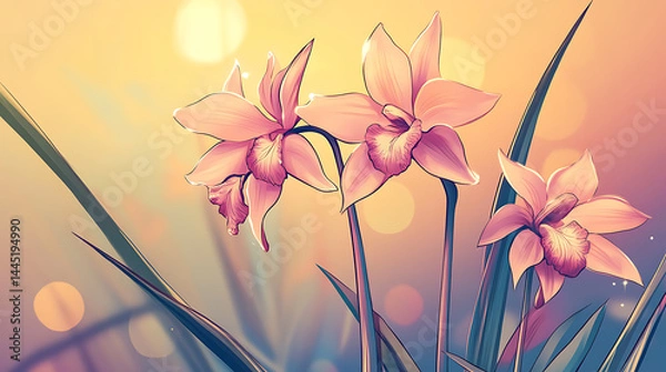 Obraz Delicate orchid flowers create sense of serenity and beauty with light reflecting off petals, they evoke feelings of tranquility