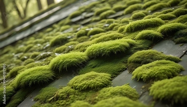 Obraz Close-up of a roof covered in bright green moss, highlighting its unique texture and natural appeal.
