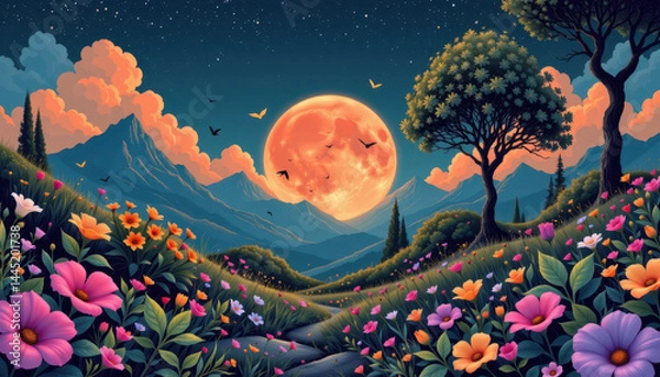 Fototapeta A vibrant fantasy landscape with a glowing full moon, colorful flowers, mountains, trees, and birds under a starry sky.