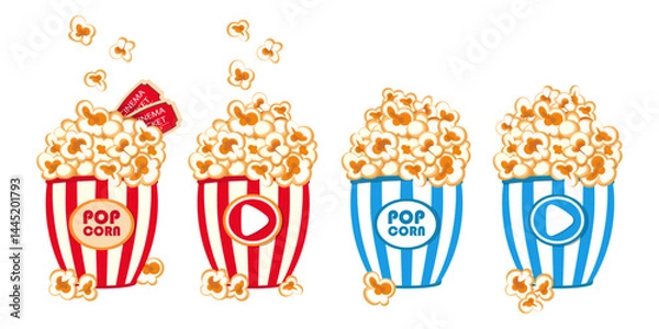 Fototapeta Bucket popcorn icons set. Popular snack for watching movies - popcorn box. Vector illustration.