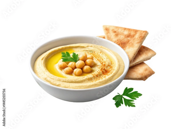 Fototapeta Hummus bowl with pita bread on white background
