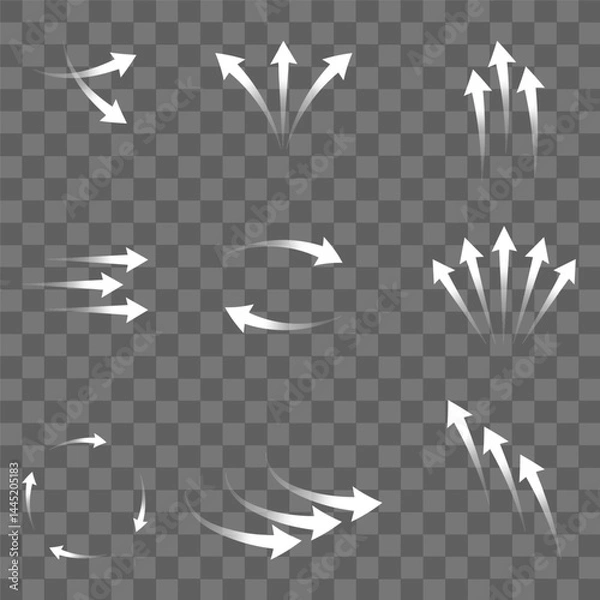 Obraz Set of white arrows showing air flow direction, isolated on transparent background.