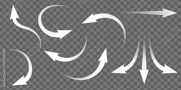 Obraz Set of white arrows showing air flow direction, isolated on transparent background.