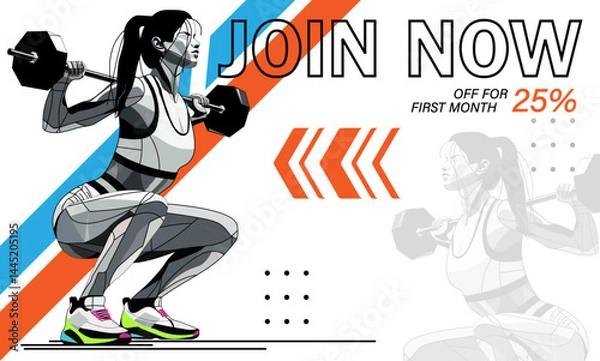 Obraz Advertising banner with 3D illustration of athletic woman doing squats with barbell against abstract lines background and text.