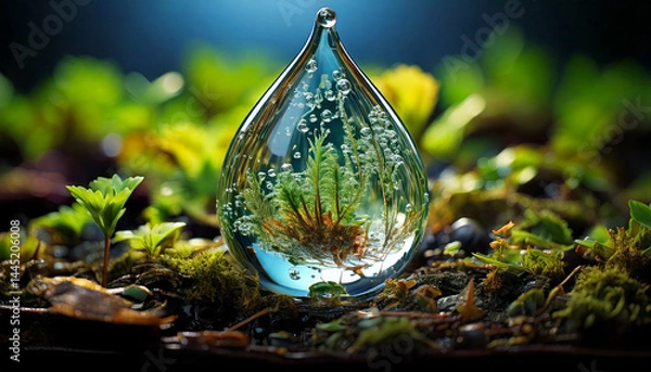 Fototapeta Dreamlike Ecosystem Encapsulated Within a Water Droplet Surrounded by Nature