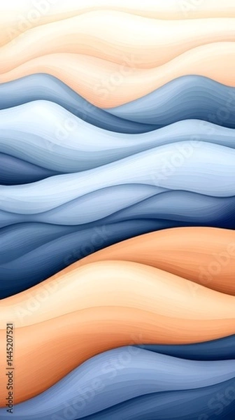 Fototapeta Abstract art featuring flowing, layered waves in cool and warm tones of blue, and orange