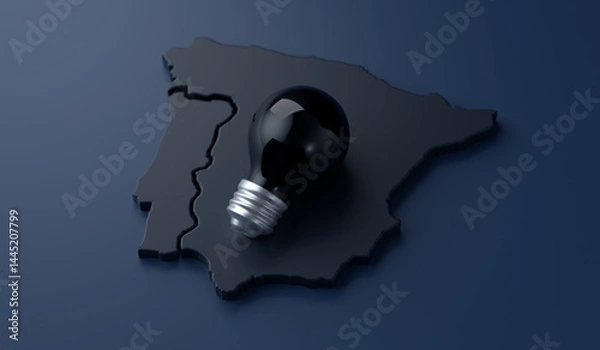 Fototapeta Spain and Portugal suffer a national blackout. Blacked-out lightbulb lying over a dark map of Spain and Portugal, symbolizing a power outage or energy crisis