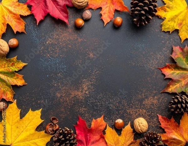 Obraz Colorful autumn leaves, nuts and pine cones. Double border over a rustic dark banner backgro 