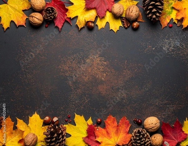 Fototapeta Colorful autumn leaves, nuts and pine cones. Double border over a rustic dark banner backgro 