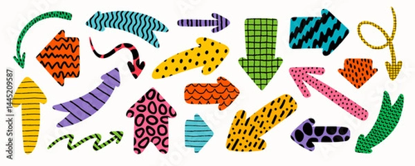 Fototapeta Arrow shape collection with brush stroke design. Abstract hand drawn arrows in colorful vector pattern, perfect for highlighting elements, playful decoration, modern icon sets, and creative graphics