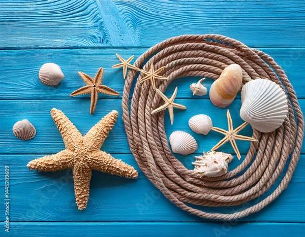 Fototapeta Blank copy space mockup surrounded by seashells  creating a nautical themed mockup