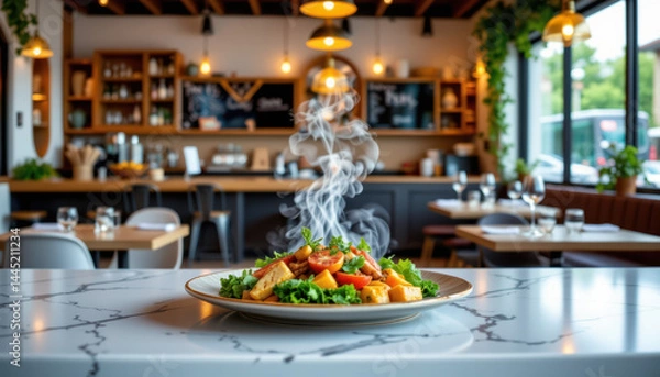 Fototapeta A hot, freshly prepared salad sits on a marble counter in a cozy, modern restaurant with warm lighting and stylish decor.