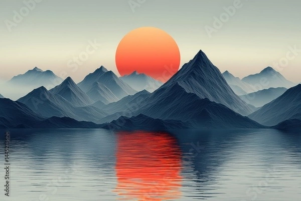 Obraz Minimalist illustration of mountains against a red sun and serene water surface