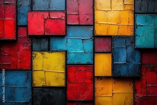 Fototapeta Abstract colorful geometric painting with textured rectangular patterns in vibrant tones