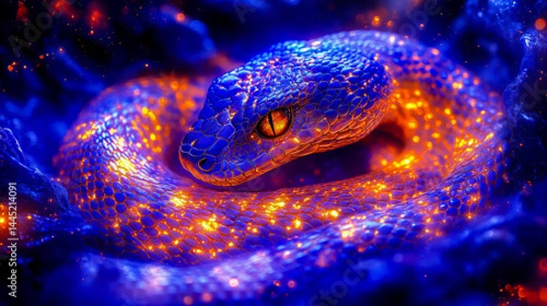 Obraz A vibrant digital artwork depicts a snake, its scales glowing with an intense blue and fiery orange light.  The snake coils, its eye gleaming, set against a dark, cosmic background.