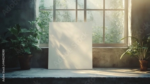 Fototapeta Blank Canvas Mockup with Sunlight and Greenery