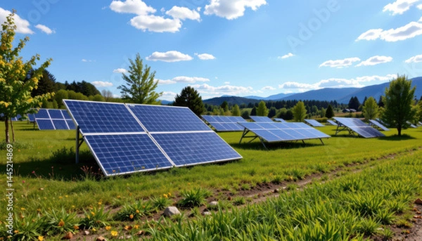 Fototapeta Solar panels installed in a green field under a bright sky, surrounded by trees and distant mountains.