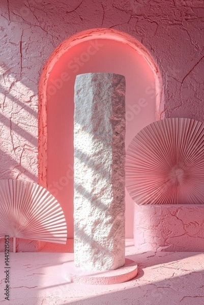 Obraz Pink textured interior featuring geometric decor with stone pillar and soft lighting