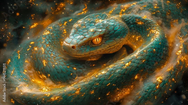 Obraz A mesmerizing teal serpent, scales shimmering with golden light, coils amidst ethereal smoke and sparks. Its intense gaze captivates, creating a mystical and powerful image.