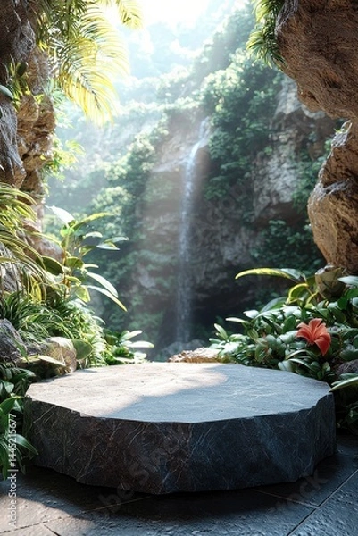 Obraz Stone podium surrounded by lush plants near a cascading waterfall