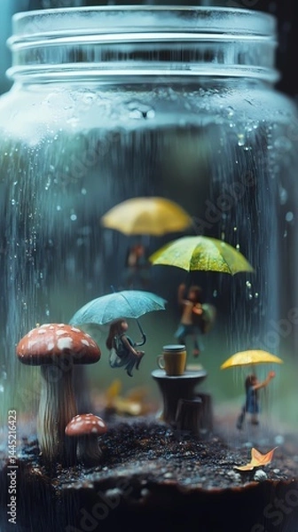Fototapeta Miniature figures sheltering under umbrellas in a glass jar with mushrooms during rain