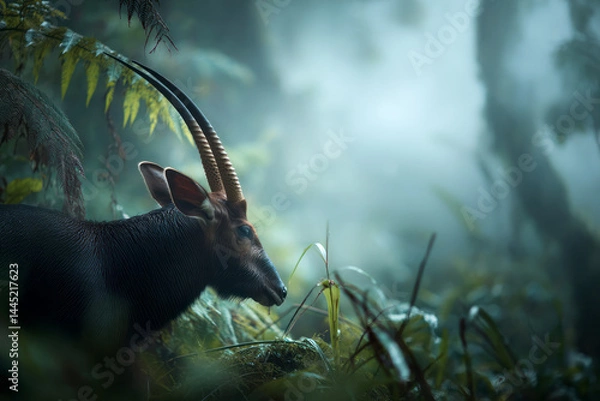 Obraz A rare saola stands in misty tropical forest under soft light, its distinctive long horns and sleek coat blending with lush, verdant surroundings, AI generative.