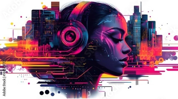 Fototapeta Futuristic Digital Portrait of Elegant Woman in Colorful Neon City Skyline