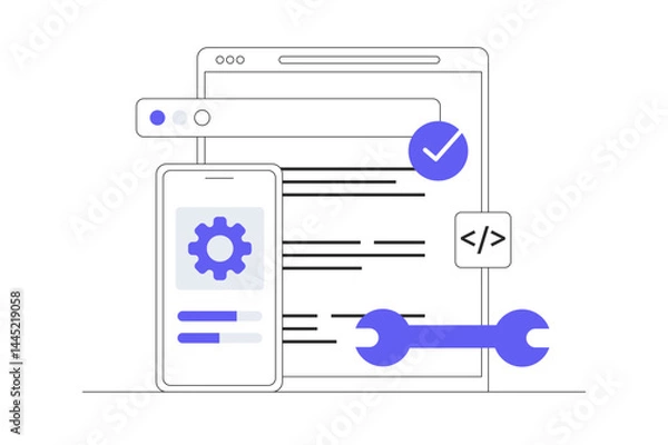 Fototapeta App development. Construction App development. Mobile application. Flat Cartoon Vector Illustration, icon. Stylish abstract design landing page