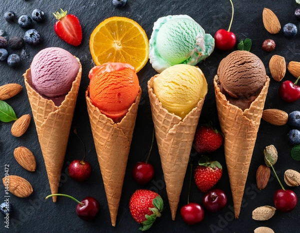 Fototapeta collection of delicious ice cream in waffle cone,