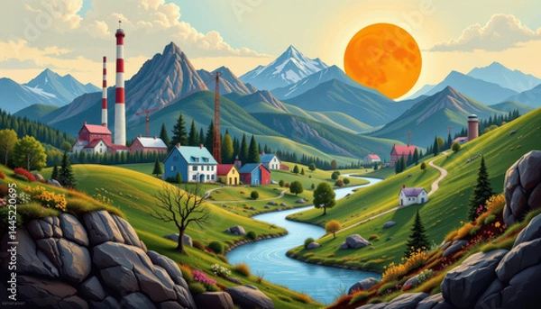Fototapeta A scenic valley with houses, a river, factories, and mountains under a bright sun, blending nature and industry in a vibrant, colorful landscape.