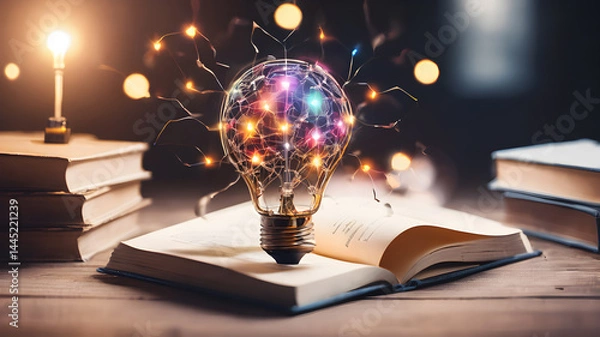 Fototapeta Creative concept of human brain in light bulb on an open book. AI generated image. Creative brain Idea and light bulb concept ,Business and education concept. AI generated image, ai .