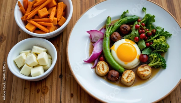Fototapeta A colorful plate of vegetables, cheese, and a sunny-side-up egg, served with side bowls of cheese cubes and carrot sticks on a wooden table.