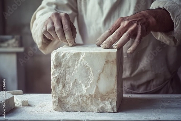 Obraz Skilled hands meticulously carve a marble block, showcasing art and craftsmanship in progress.