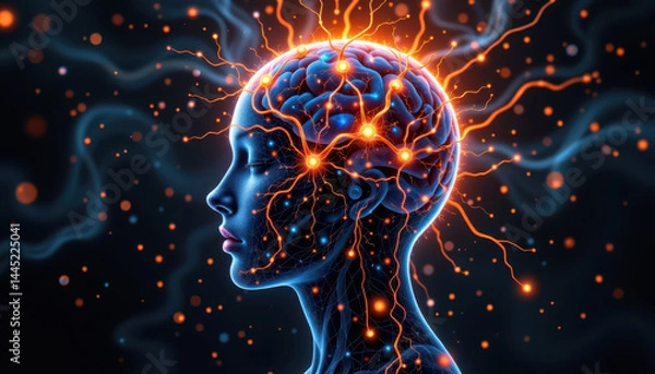 Fototapeta A glowing human brain with neural connections, energy, and electric sparks in a vibrant, artistic side profile illustration.