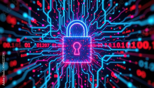Fototapeta A glowing digital padlock symbolizes cybersecurity and data protection, surrounded by circuits and binary code in a technological setting.